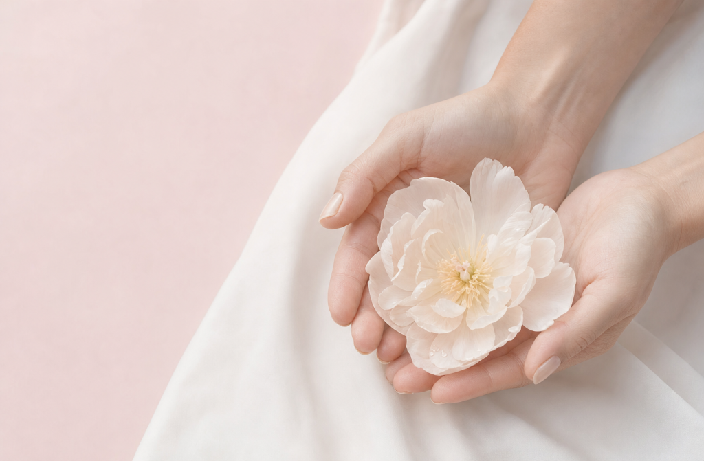Manos sosteniendo una flor como imagen conceptual del bienestar femenino.